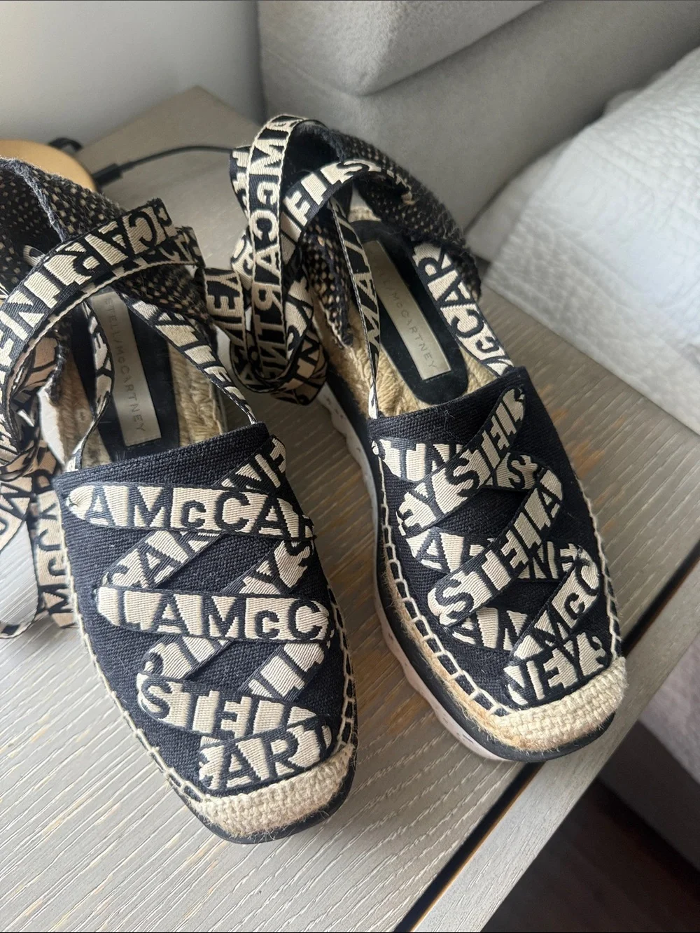 Stella McCartney Black and Cream Logo Espadrille Wedges